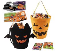 Koicarelife 2 bolsas de truco o trato de Halloween, 2 estilos de cubo de Halloween y calabaza reutilizable de lona con 100 bolsas de celofán de Halloween, los mejores recuerdos de fiesta para niños