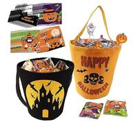 Koicarelife 2 bolsas de truco o trato de Halloween con 100 bolsas de celofán de Halloween, 2 estilos de cubo de caramelo de murciélago y bolsa de lona reutilizable de calabaza, los mejores recuerdos