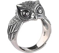 KOINEN Anillo de búho nocturno de plata de ley 925 auténtica vintage for hombres y mujeres abierto y ajustable