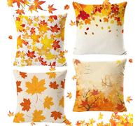KOIROI 4 fundas de cojín decorativas, decoración otoñal, 45 x 45 cm, decoración de Acción de Gracias, otoño, hoja de arce de lino, cojines para sofá para oficina o dormitorio