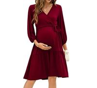 KOJOOIN Vestido de Maternidad de Las Mujeres con Cuello en V 3/4 Mangas Vestido de Lactancia Volantes Vestidos de Embarazo con cinturónVino Rojo (Manga 3/4) M