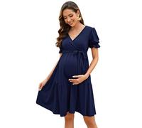 KOJOOIN Vestido De Maternidad para Mujer con Cuello En V Vestido De Enfermería Elegante Manga Farol Vestidos De Maternidad con Volantes Azul Oscuro (Manga Corta) L