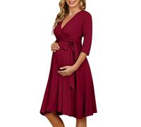 KOJOOIN Vestido de Maternidad para Mujer Delgado con Cuello en V Elegante Vestido de Lactancia Vestidos Premama Verano Casuales para Embarazadas Rojo（Manga 3/4） L