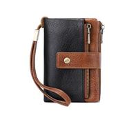 kokdid Cartera triple de bloqueo de gran capacidad para mujer, monedero de mano de cuero con tarjetero de muñeca para mujer, negro marrón