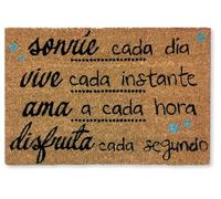 koko doormats Felpudo Entrada casa | Felpudo Original de Coco Natural “Sonríe. Vive, Ama” | Alfombra de Entrada Antideslizante para Exterior e Interior | 60x40 cm | Diseño Frase | Base PVC Segura