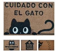 koko doormats Felpudo Entrada Casa Original de Coco Natural “Cuidado con el Gato” | Alfombra de Entrada Antideslizante para Exterior e Interior | 60x40 cm | Diseño Divertido | Base PVC Segura