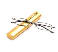 KoKoBin Gafas de lectura de metal flexibles, ayuda para la visión, bisagra de resorte, unisex, con estuche para gafas, como soporte para bolígrafos, color dorado, +2,5