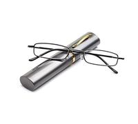 KoKoBin Lectura flexible de gafas de metal, ayudas visuales, lectura forrada de plumas, lector unisex, con estuche para gafas como portalápices(Gris，+2.5