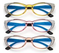 KoKoBin Paquete de 3 gafas de lectura para mujer, diseño de ojo de gato, color azul, para bloquear la lectura, con bisagras, con bisagra de resorte (3 unidades, 3 unidades)