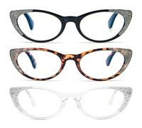 KoKoBin Paquete de 3 gafas de lectura para mujer, diseño de ojo de gato, color azul, para bloquear la lectura, con bisagras, con bisagras, con resorte