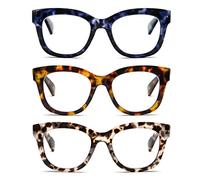 KoKoBin Paquete de 3 gafas de lectura redondas de gran tamaño para mujer y hombre, anti luz azul, ordenador con bisagra de muelle (leopardo marrón + leopardo azul + leopardo gris, 3.00)