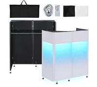 Kokorona Cabina de DJ portátil de 108 x 51 x 115 cm con esquinas superiores dobles, cabina de fachada de DJ con agujero para cable, soporte de mesa de DJ con tira de luz y control remoto, marco de