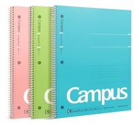 KOKUYO Campus - Cuaderno de espiral, 10-1/2 x 8 pulgadas, rayado universitario, 80 hojas (160 páginas), resistente a la decoloración, paquete de 3 colores, rosa, azul cielo, verde, fabricado en Japón
