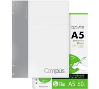 KOKUYO Campus - Juego de cuadernos anillados en espiral de 2 x 2, cuaderno recargable A5 + 60 papeles de recambio con cuadrícula de 5 x 5, capacidad de 40 hojas, gris, perfecto para el trabajo