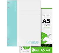 KOKUYO Campus - Juego de cuadernos en espiral de 2 x 2, cuaderno recargable A5 + 60 papeles de recambio con rayas gráficas de 5 x 5, capacidad de 40 hojas, azul claro, perfecto para el trabajo