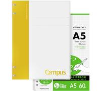 KOKUYO Campus - Juego de cuadernos en espiral de 2 x 2, cuaderno recargable A5 + 60 papeles de recambio con rayas gráficas de 5 x 5, capacidad de 40 hojas, amarillo, perfecto para el trabajo, estudio