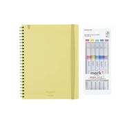 Kokuyo - Cuaderno de notas suaves "Sooofa" (A5, 4 mm, cuadrícula, 80 hojas, amarillo y marcado, paquete de 5 marcadores de colores (rosa, azul, verde, morado y amarillo)