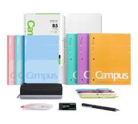 KOKUYO Kit de papelería universitaria, carpeta inteligente de anillos B5 + papel gráfico, 6 cuadernos anchos + planos, lápiz mecánico de 0.9 mm, 4 bolígrafos de gel (0.5 mm negro), cinta correctora
