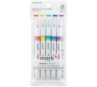 KOKUYO Marcador de 2 vías pastel de 5 colores. Mark+ marcadores de doble punta, cincel de secado rápido, punta fina, paquete de 5 unidades de rosa, azul, verde, morado, amarillo. Importación de Japón