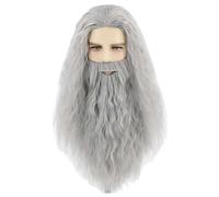KoleGoe Peluca blanca gris para adultos, juego de barba largo y rizado, accesorios de ropa de mago, accesorios de ropa de cosplay