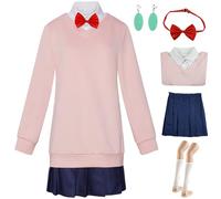 Kolegrial Ayase Momo Disfraz Mujer Cosplay Anime Dandadan Momo Ayase Uniforme Escolar Top Falda con Pendientes Pajarita Calcetines y Peluca para Carnaval Halloween Fiesta Mascarada DAN DA DAN Traje