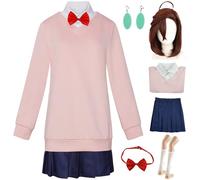 Kolegrial Ayase Momo Disfraz Mujer Cosplay Anime Dandadan Momo Ayase Uniforme Escolar Top Falda con Pendientes Pajarita Calcetines y Peluca para Carnaval Halloween Fiesta Mascarada DAN DA DAN Traje