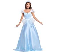 Kolegrial Cenicienta Disfraz Cosplay Cuentos Cenicienta Azul Princesa Largo Vestido de Noche con Corona Collar para Navidad Carnaval Halloween Fiesta Cumpleaños Mascarada Vestido de Baile