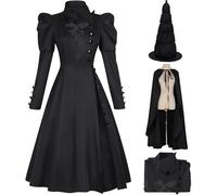 Kolegrial Elphaba Disfraz Mujer Cosplay Wicked Bruja Elphaba Gótico Vintage Vestido con Capa Gorro para Fancy Dress Up Carnaval Halloween Fiesta Mascarada Vestido de Baile, Negro