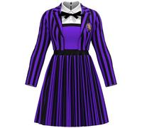 Kolegrial Enid Sinclair Disfraz Mujer Cosplay Miércoles 2 Nevermore Academy Morado Rayas Uniforme Escolar Set Chaqueta y Vestido Pajarita para Carnaval Halloween Fiesta Mascarada Traje