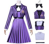 Kolegrial Enid Sinclair Disfraz Mujer Cosplay Season 2 Morado Rayas Uniforme Escolar Set Chaqueta y Camisa Vestido Pajarita Cinturón para Carnaval Halloween Fiesta Mascarada Fancy Juego de rol Traje