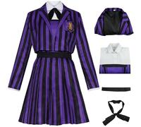 Kolegrial Enid Sinclair Disfraz Mujer Cosplay Season 2 Nevermore Academy Enid Rayas Uniforme Escolar Set Chaqueta Vestido Pajarita Cinturón para Carnaval Halloween Fiesta Cumpleaños Mascarada Traje