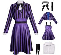 Kolegrial Enid Sinclair Disfraz Mujer Cosplay Season 2 Nevermore Academy Rayas Uniforme Escolar Set Chaqueta Vestido Camisa Pajarita Cinturón Calcetines para Carnaval Halloween Fiesta Mascarada Traje