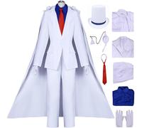 Kolegrial Kaito Kid Disfraz con Gorro Gafas Hombre Cosplay Anime Detective Kid The Phantom Thief Blanco Smoking Uniforme Set y Capa Guantes para Carnaval Halloween Fiesta Mascarada Fancy Traje