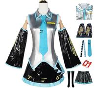Kolegrial Miku Disfraz Mujer Cosplay Virtual Idol H'atsune M'iku Completo PU JK Uniforme Set con Pegatinas y Accesorios para Carnaval Halloween Fiesta Mascarada Fancy Anime Juegos de rol Traje
