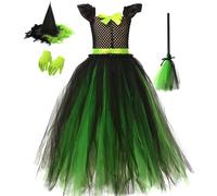 Kolegrial Niña Elphaba Disfraz Cosplay Wicked Bruja Elphaba Largo Tul Vestido con Guantes Gorro Escoba para Fancy Dress Up Carnaval Halloween Party Cumpleaños Mascarada Vestido de Baile, 2-10 años