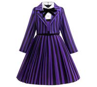 Kolegrial Niña Enid Sinclair Disfraz Cosplay Miércoles 2 Nevermore Academy Enid Rayas Uniforme Escolar Chaqueta Vestido Corbata para Niños Carnaval Halloween Fiesta Vestido de Baile, Morado, 4-12 años
