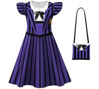Kolegrial Niña Enid Sinclair Disfraz Cosplay Season 2 Wolf Girl Enid Nevermore Academy Estampado Bailarina Vestido y Bolso para Niños Carnaval Halloween Fiesta Vestido de Baile, 3-8 años