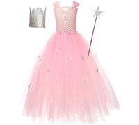 Kolegrial Niña Glinda Disfraz Cosplay Wicked Hada Glinda Rosa Largo Tul Vestido con Corona Varita para Fancy Dress Up Carnaval Halloween Party Cumpleaños Mascarada Vestido de baile, 2-10 años
