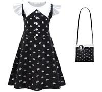 Kolegrial Niña Miércoles Disfraz Cosplay Season 2 Miércoles Nevermore Academy Estampado Bailarina Vestido y Bolso para Niños Carnaval Halloween Fiesta Vestido de Baile, 3-8 años