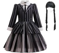 Kolegrial Niña Miércoles Disfraz Cosplay Season 2 Nevermore Academy Rayas Uniforme Escolar Gótico Vestido y Peluca para Niños Carnaval Halloween Fiesta Vestido de Baile, 4-12 años