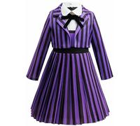 Kolegrial Niñas Enid Sinclair Disfraz Cosplay Miércoles 2 Nevermore Academy Enid Rayas Uniforme Escolar Set Chaqueta y Vestido Corbata para Niños Carnaval Halloween Fiesta Traje, Morado, 4-12 años