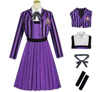 Kolegrial Niñas Enid Sinclair Disfraz Cosplay Miércoles 2 Nevermore Academy Morado Rayas Uniforme Escolar Set Chaqueta y Vestido Pajarita Calcetines para Carnaval Halloween Fiesta Mascarada Traje