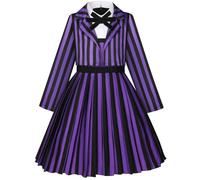 Kolegrial Niñas Enid Sinclair Disfraz Cosplay Miércoles 2 Nevermore Academy Morado Rayas Uniforme Escolar Set Chaqueta y Vestido para Carnaval Halloween Fiesta Mascarada Traje