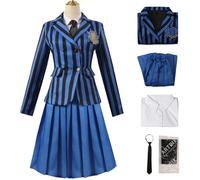 Kolegrial Niñas Enid Sinclair Disfraz Cosplay Nevermore Academy Uniforme Escolar Azul Set Chaqueta Camisa Falda Corbata Calcetines y Chaleco para Dress Up Carnaval Halloween Fiesta Mascarada Traje