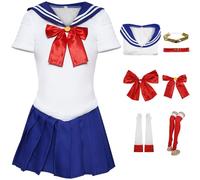 Kolegrial Niñas Tsukino Usagi Disfraz Cosplay Anime Moon Tsukino Usagi Transformación Uniforme con Accesorios Set 7 Piezas para Carnaval Halloween Fiesta Cumpleaños Mascarada Traje