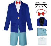 Kolegrial Niños Conan Edogawa Disfraz con Gafas Cosplay Anime Detective Edogawa Conan Uniforme Set Chaqueta Camisa Pantalones Pajarita para Carnaval Halloween Fiesta Cumpleaños Mascarada Fancy Traje