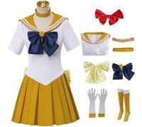 Kolegrial Sailor V Disfraz Mujer Cosplay Anime Sailor Venus Aino Minako Transformación Uniforme con Accesorios Set 7 Piezas para Carnaval Halloween Fiesta Cumpleaños Mascarada Traje