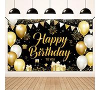 Koliphy Decoracion Cumpleaños, Negro Oro Pancarta Feliz Cumpleaños, Tela Pancarta Photocall Cumpleaños para Hombres y Mujeres, Interiores y Exteriores, 70,8 x 43,3 Pulgada