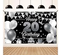 Koliphy Pancarta 20 Cumpleaños, Decoracion 20 Cumpleaños para Hombre y Mujer, Tela Pancarta de Fiesta Cumpleaños para Interiores y Exteriores, 180 x 110cm(Negro Plata)