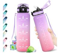 KollyKolla Botella Agua 1L, Cantimplora Reutilizable, con Pajita, Botella Motivacional, con Marca de Tiempo, sin BPA, Cantimplora para Gimnasio, Oficina, Escuela, Sport, Bicicleta
